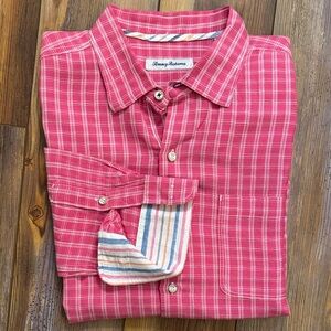 Tommy Bahama Mens Large Pink Plaid Linen Blend Button Down Shirt